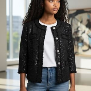 Michael Kors Chic black blazer with shimmering sequins 3/4 sleeve Snap Closure